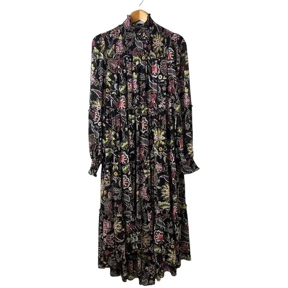 cinq a sept Paisley Long Sleeve Dress Black Size 6 High Low Hem Mock Neck - Picture 2 of 10